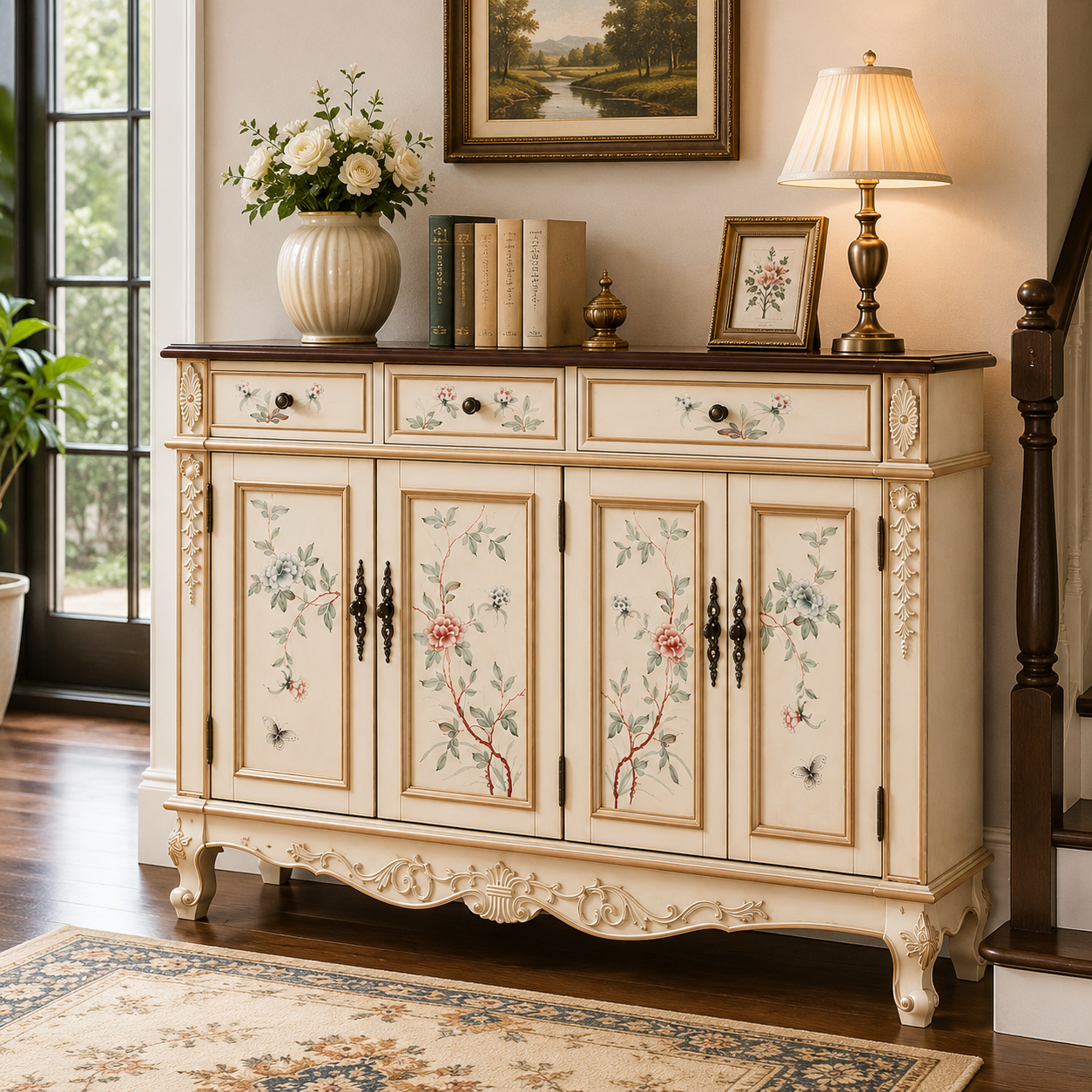 Solid wood shoe cabinet with organized storage compartments for entryway, hallway, or foyer use.