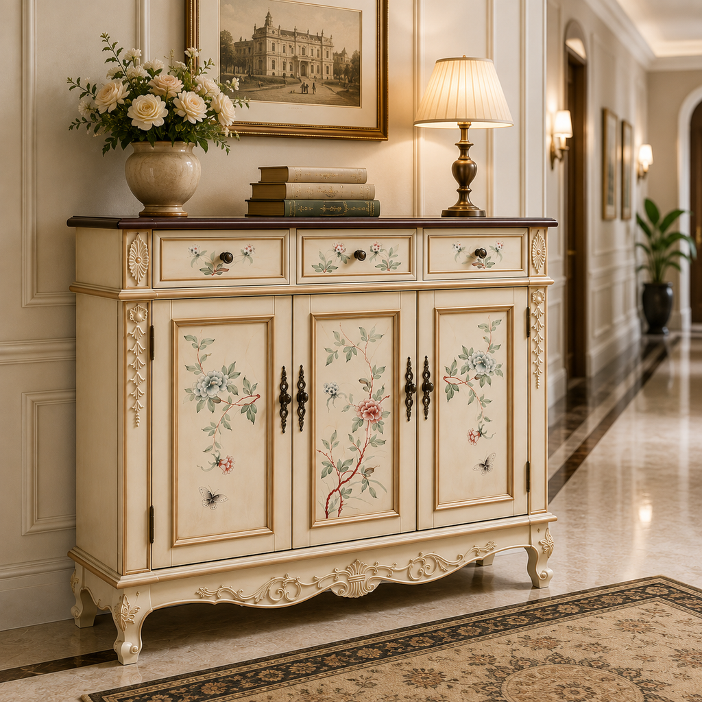 Solid wood shoe cabinet with organized storage compartments for entryway, hallway, or foyer use.