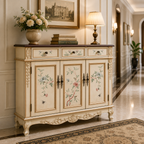 Solid wood shoe cabinet with organized storage compartments for entryway, hallway, or foyer use.