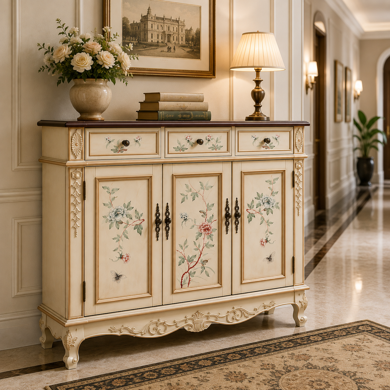 Solid wood shoe cabinet with organized storage compartments for entryway, hallway, or foyer use.