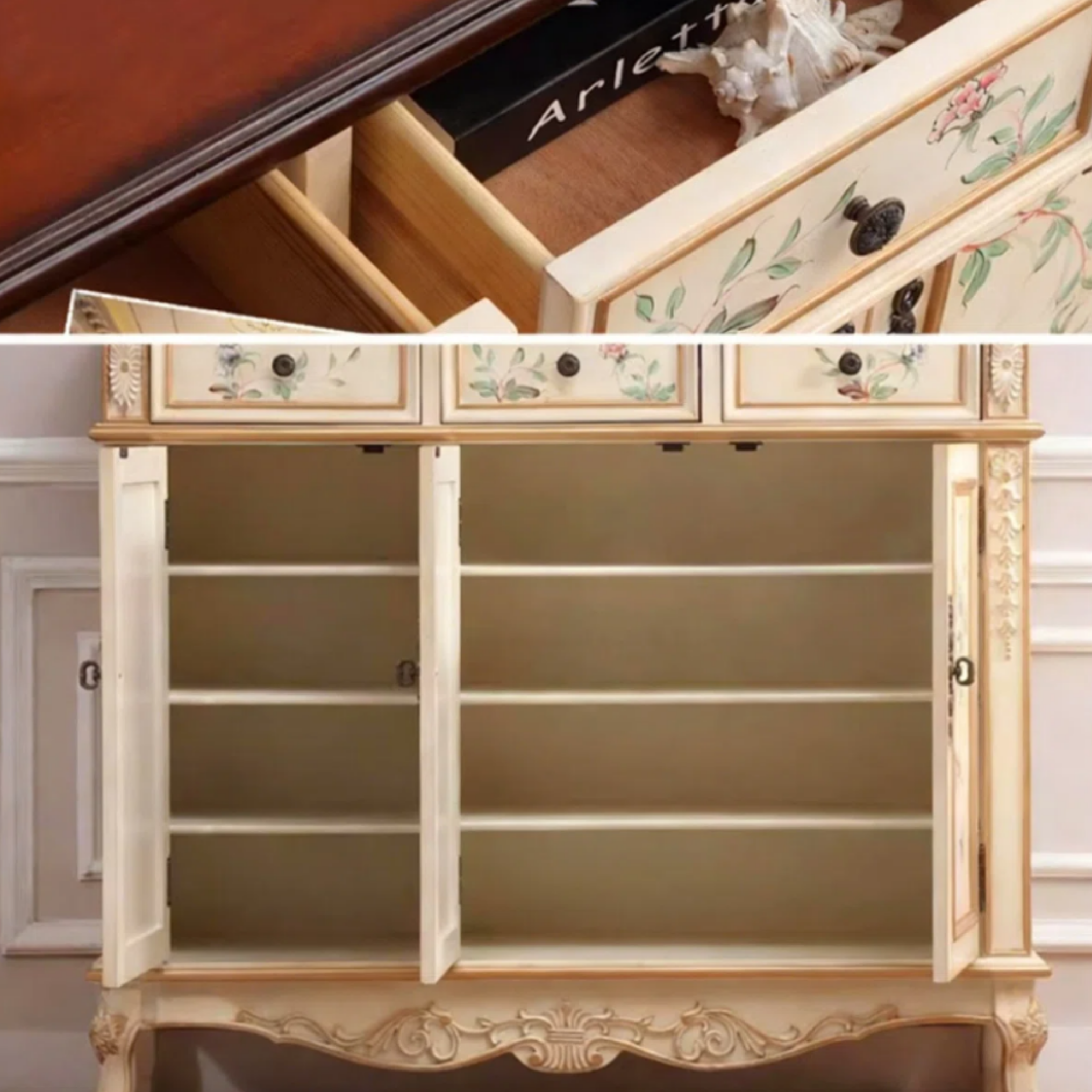European style shoe storage cabinet details