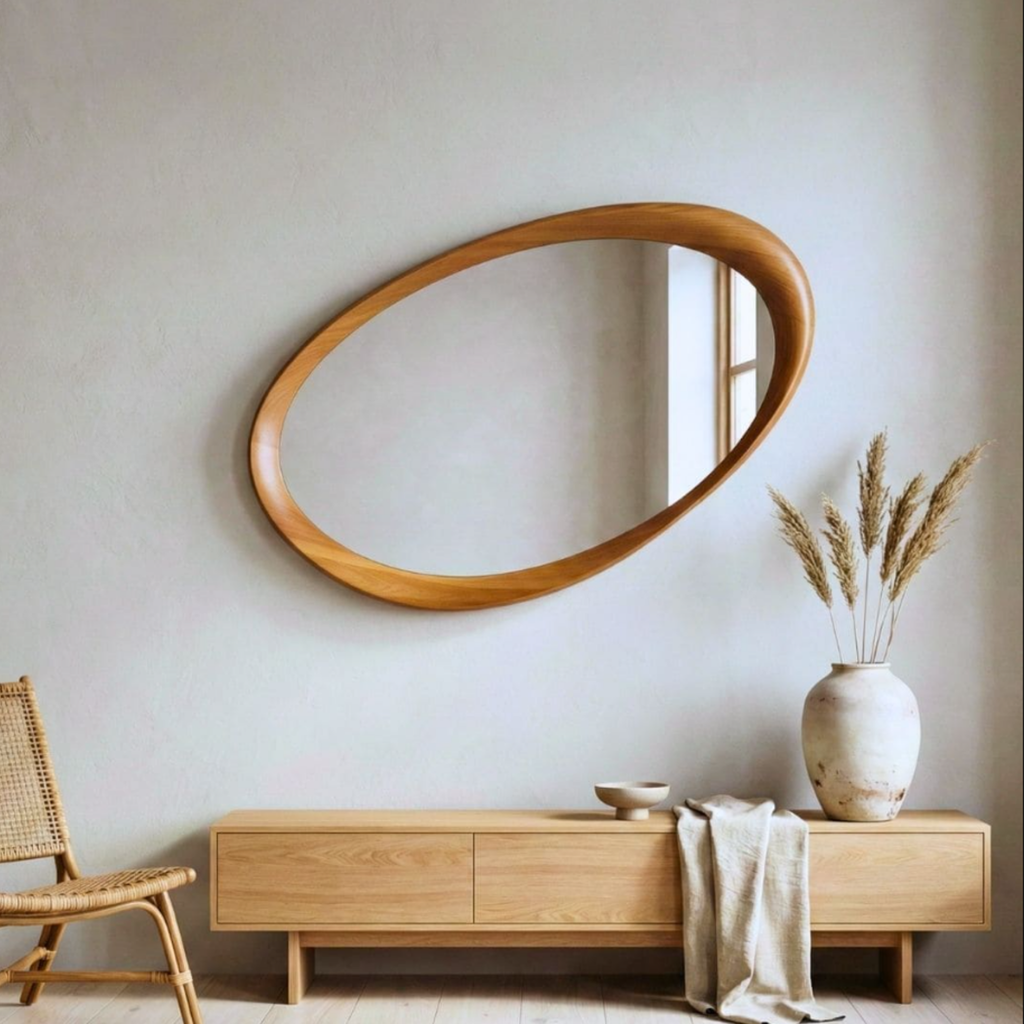 Walnut oval wall mirror for living room decor