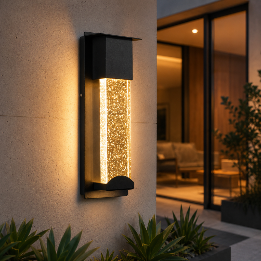 Waterproof outdoor LED wall light on a porch