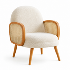 White Japanese upholstered accent chair with rattan frame
