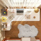 Angled view of contemporary white L-shaped desk