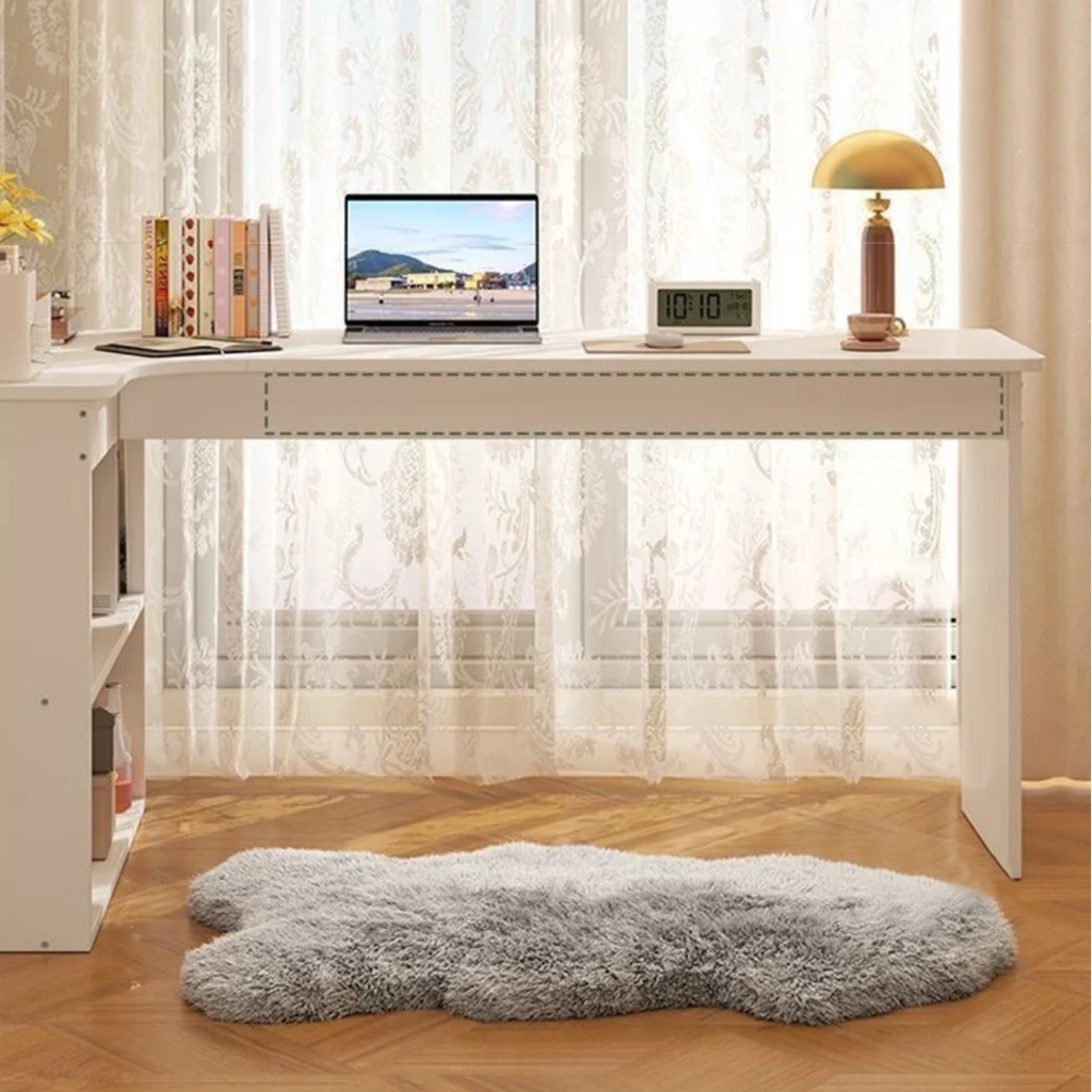 Front view of contemporary white L-shaped desk