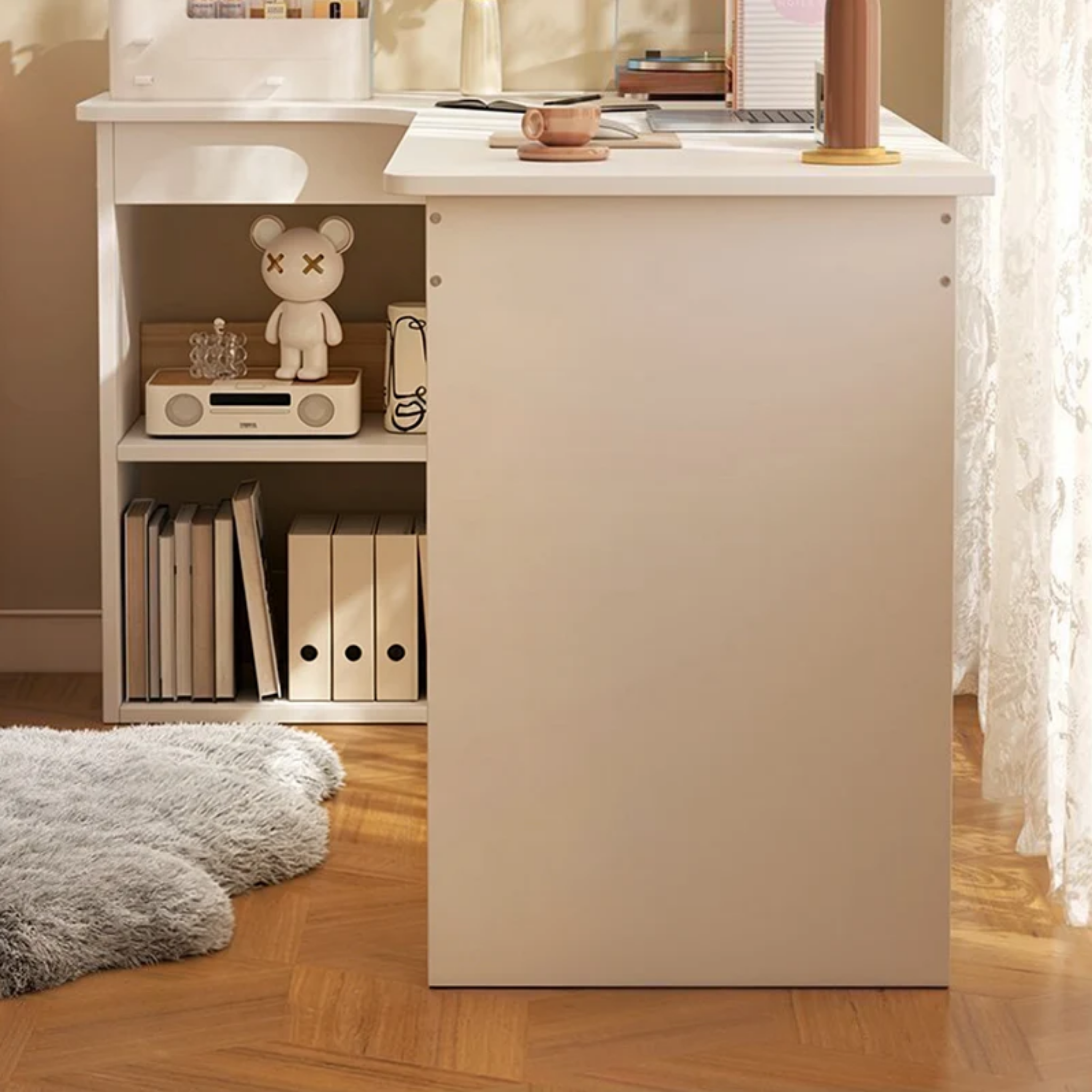 Side view of contemporary white L-shaped desk