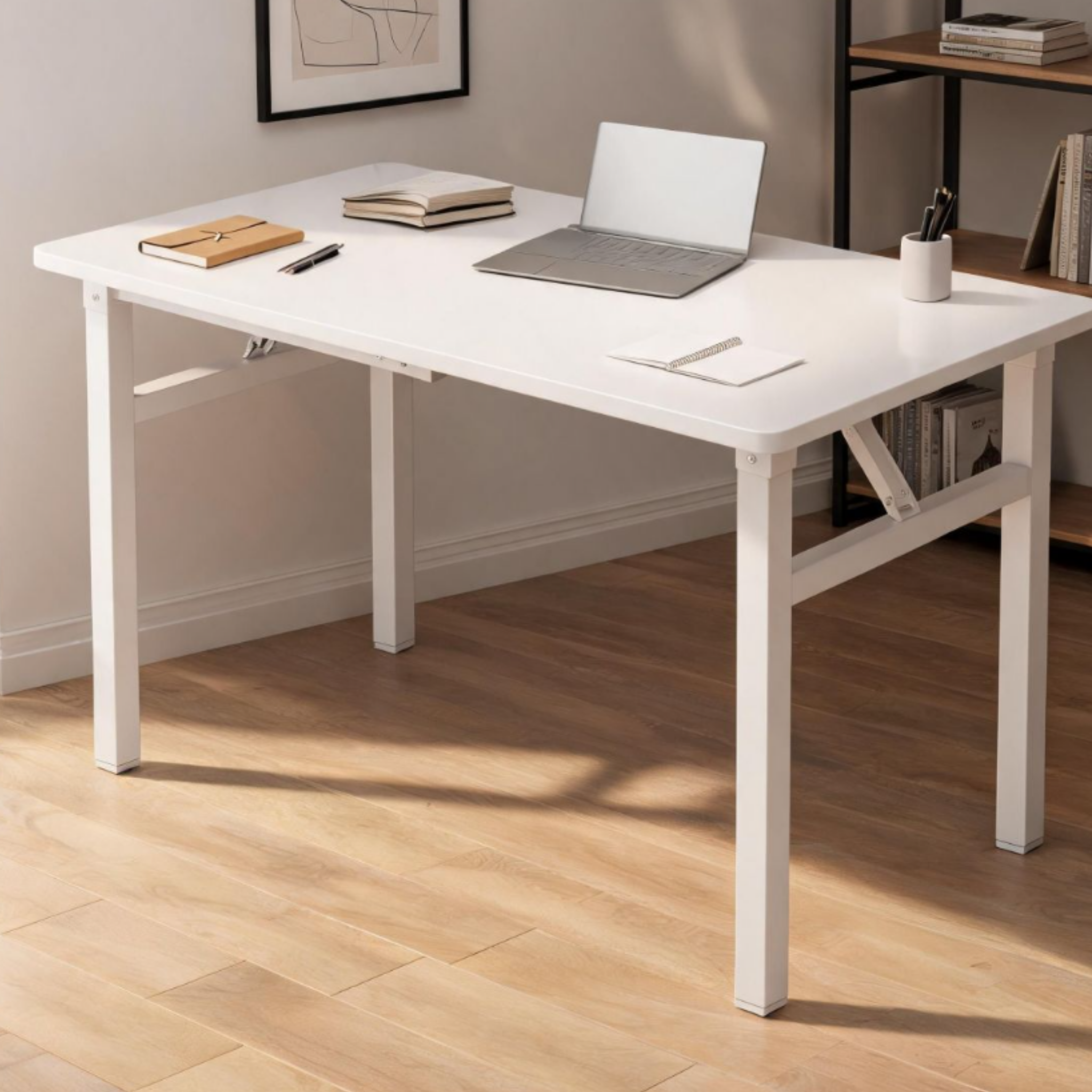 Side view of the modern foldable computer desk in white