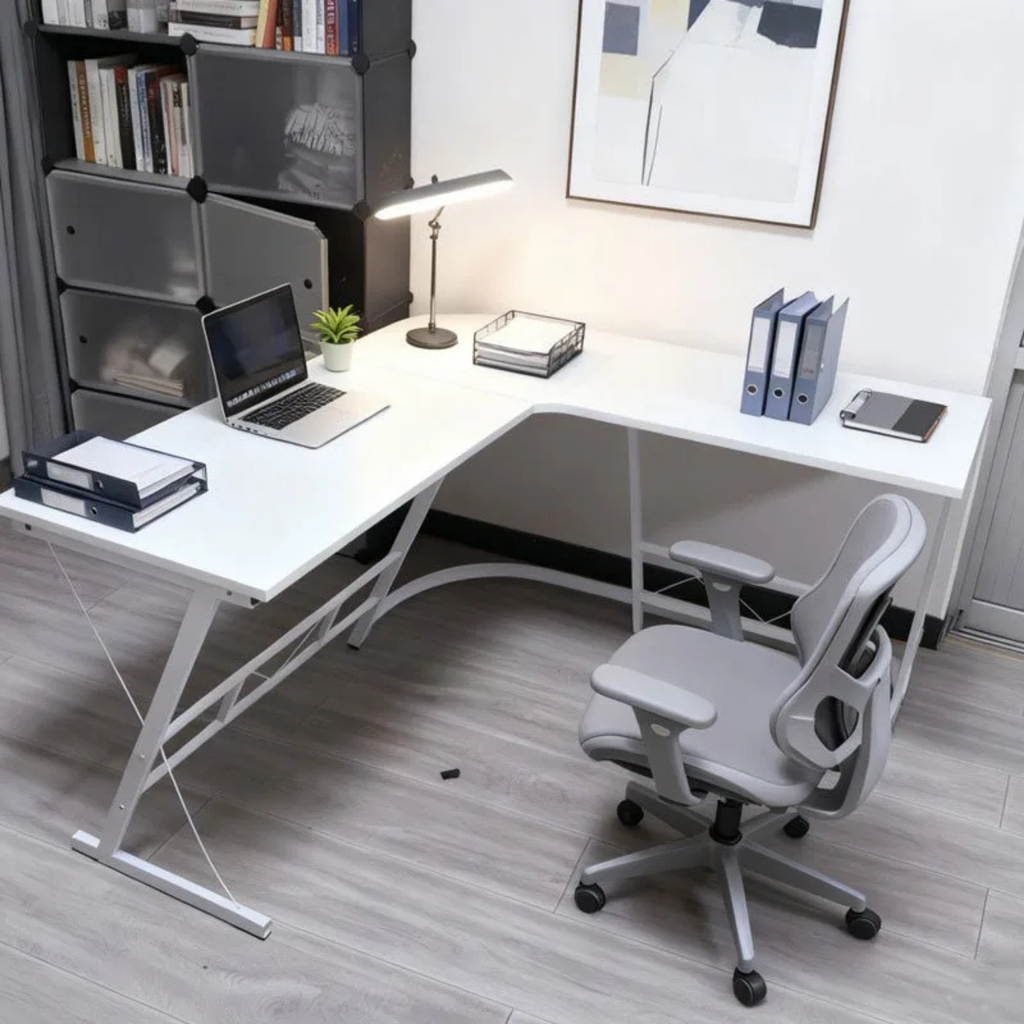 White and white modern L-shaped corner desk