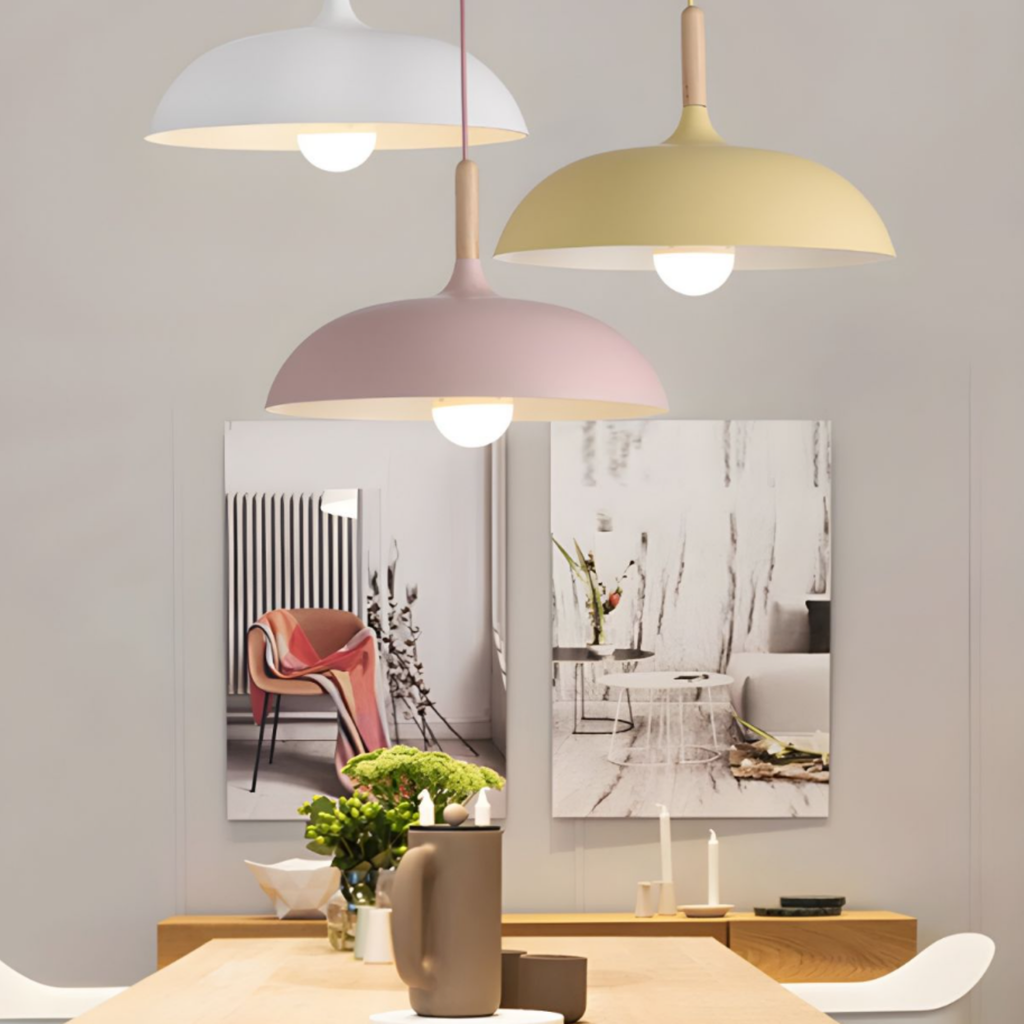 Wood top pendant light above a dining table