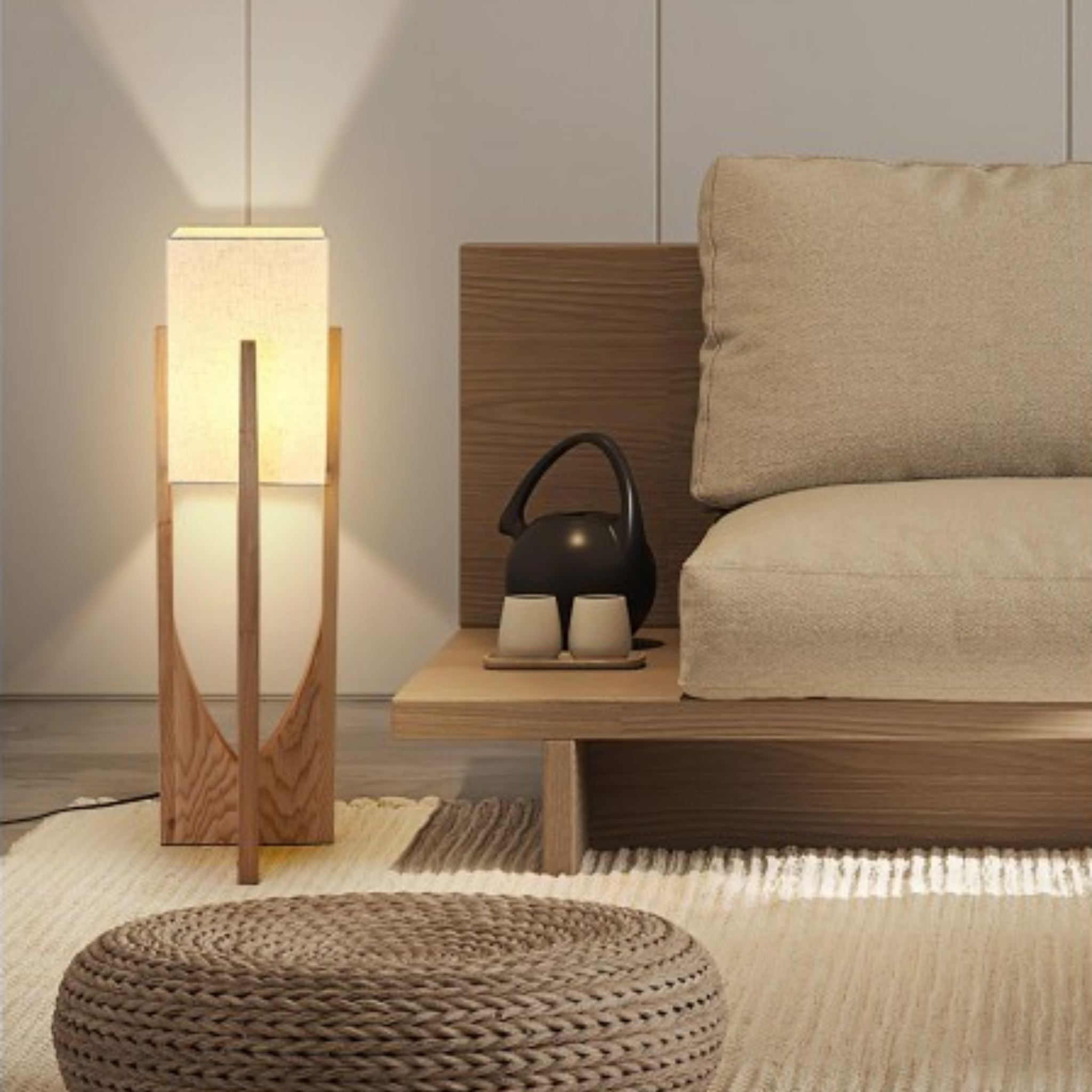 Modern Chinese style floor lamp beside a sofa