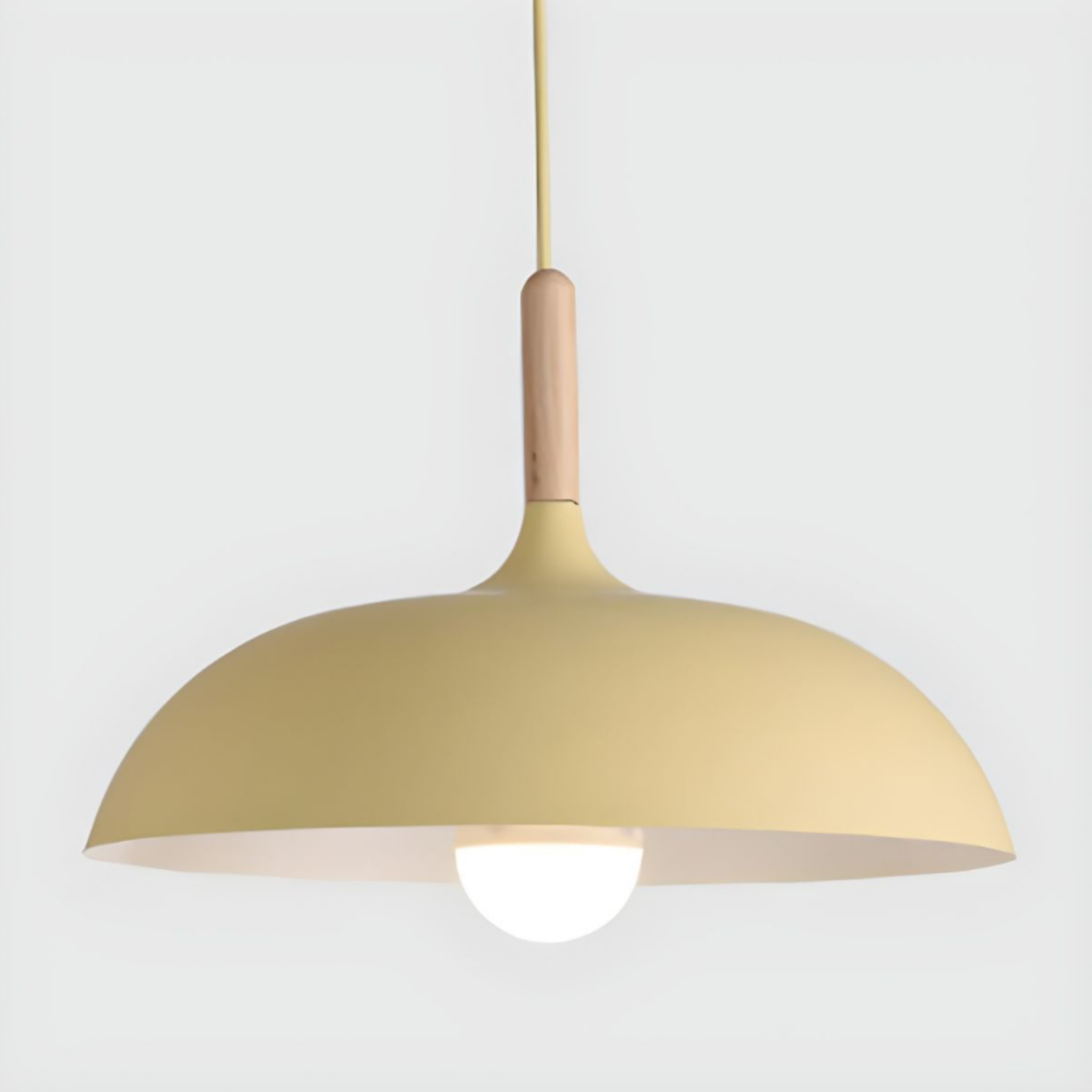 Yellow dome pendant light with wooden top