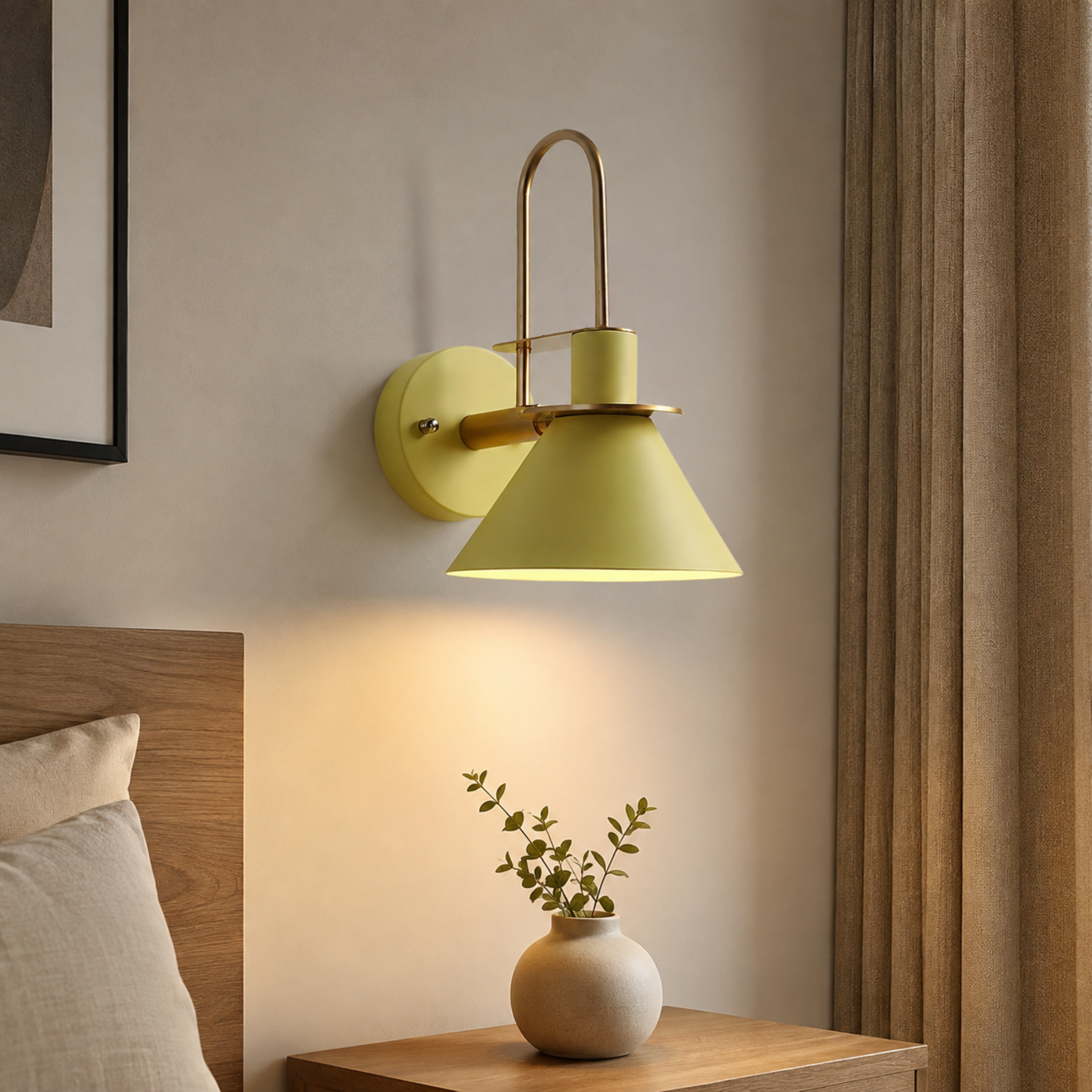 Yellow industrial conical wall sconce in a bedroom